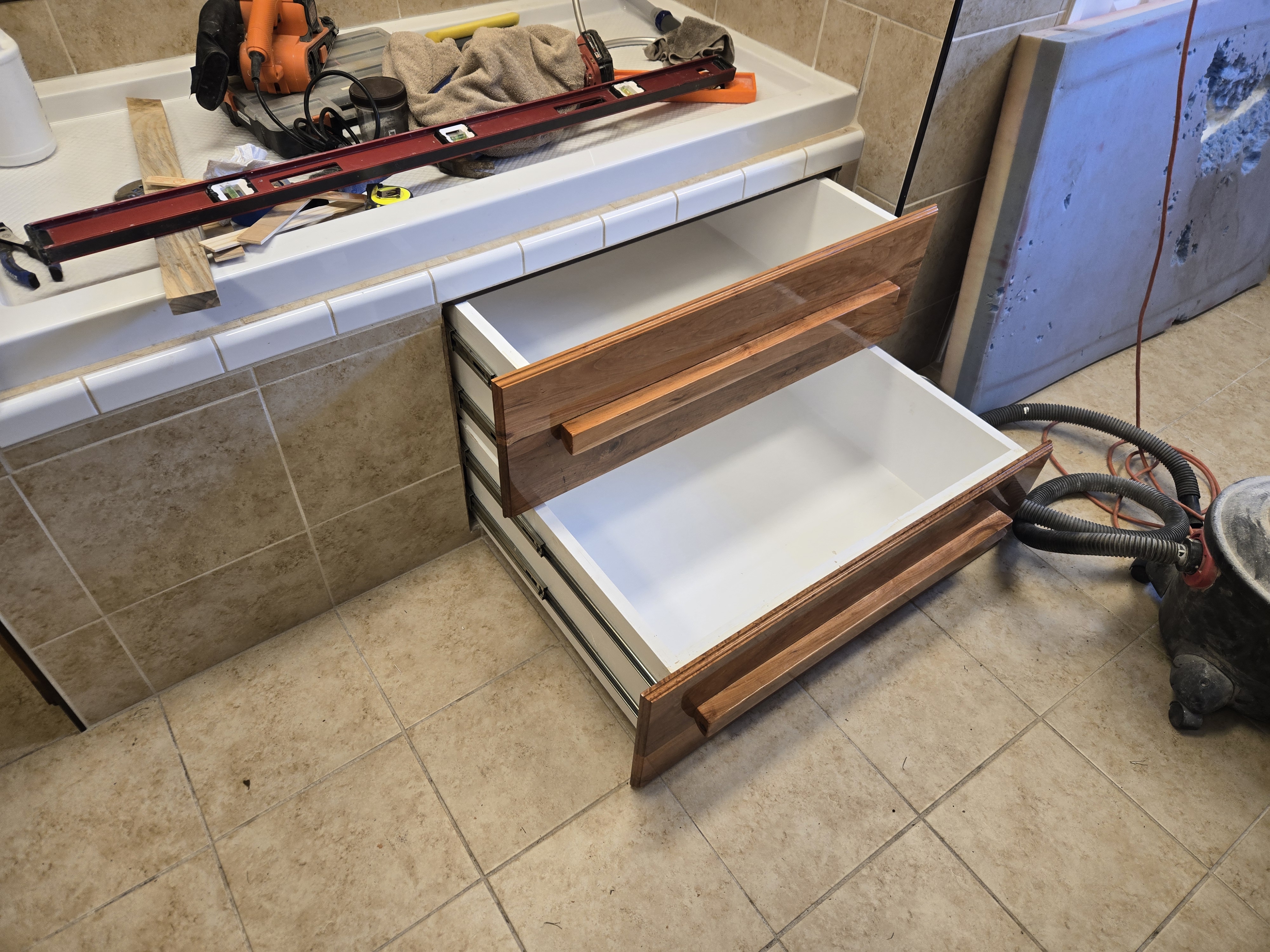 Cherry wood cabinets.